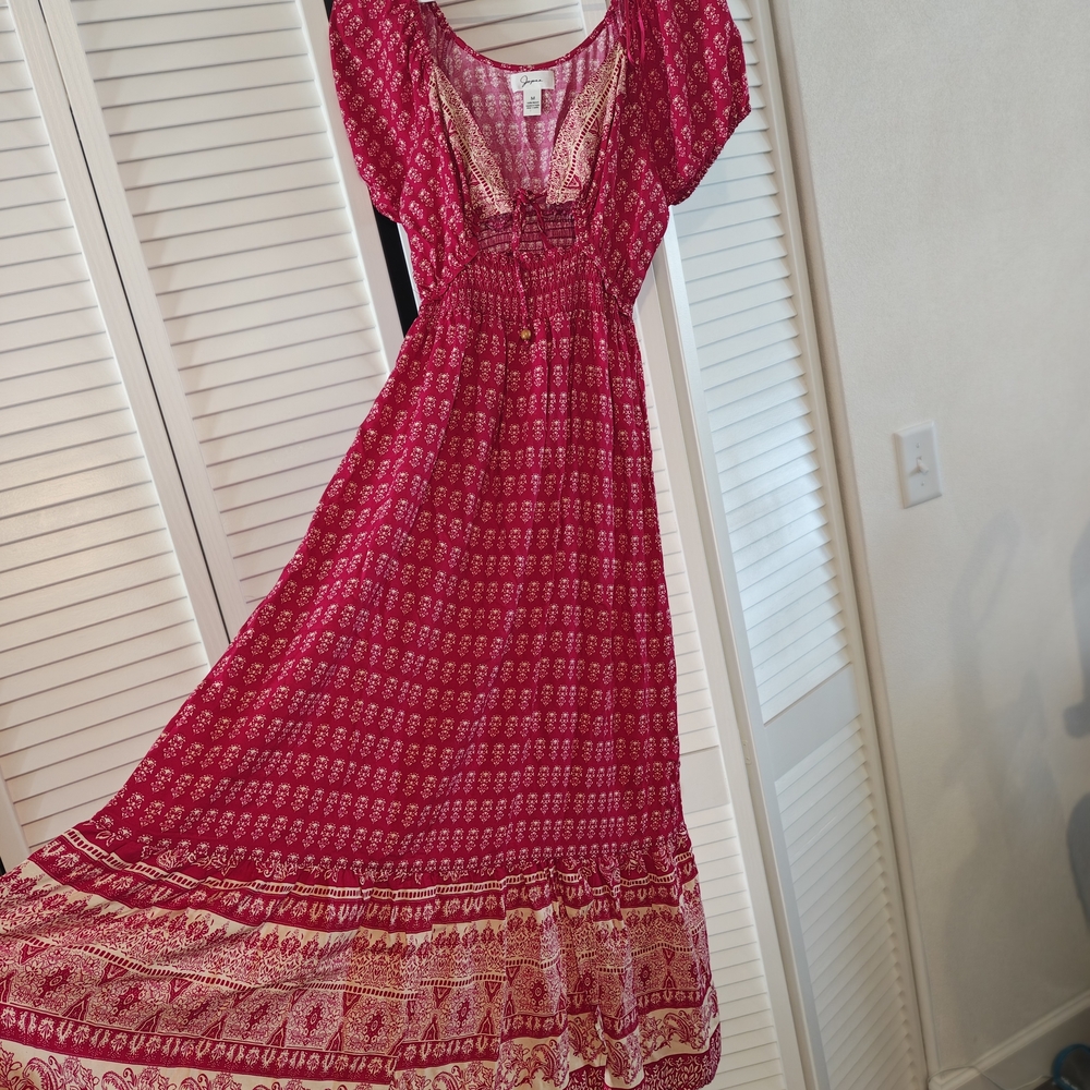 Japna Red and White Patterned,Chic,Flowy, Boho Maxi Dress 100% Rayon,Medium Size